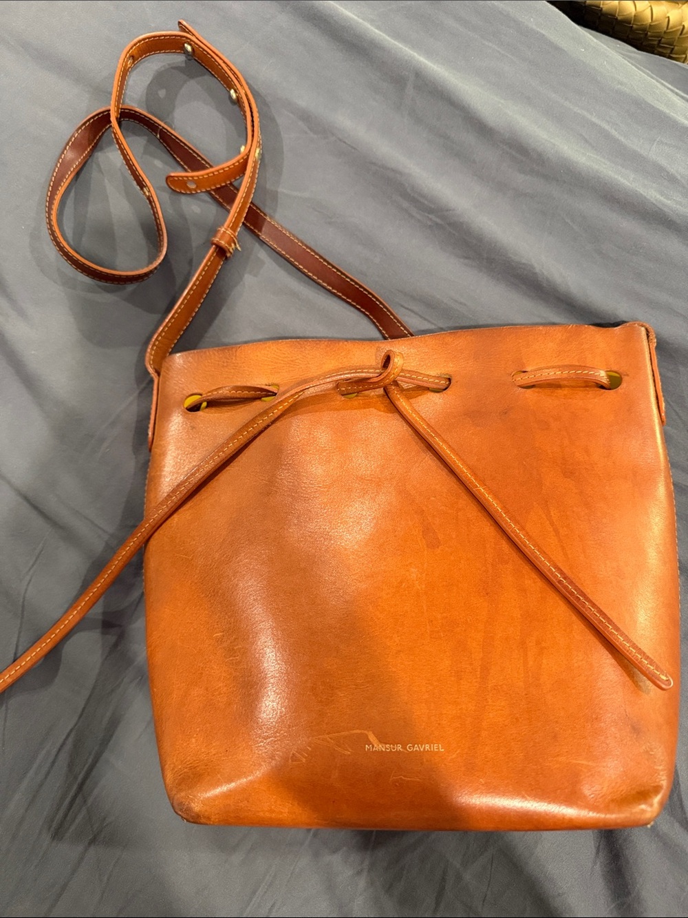Mansur Gavriel Leather Bucket Crossbody in Cognac